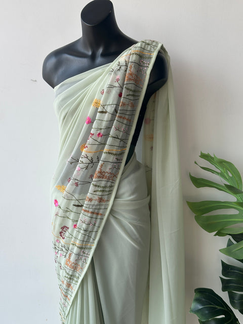 Pista green garden emb georgette saree