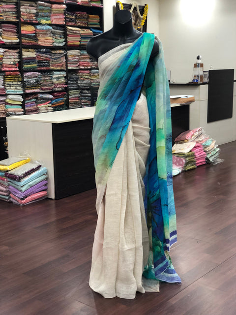 Digital Printed pure Linen saree