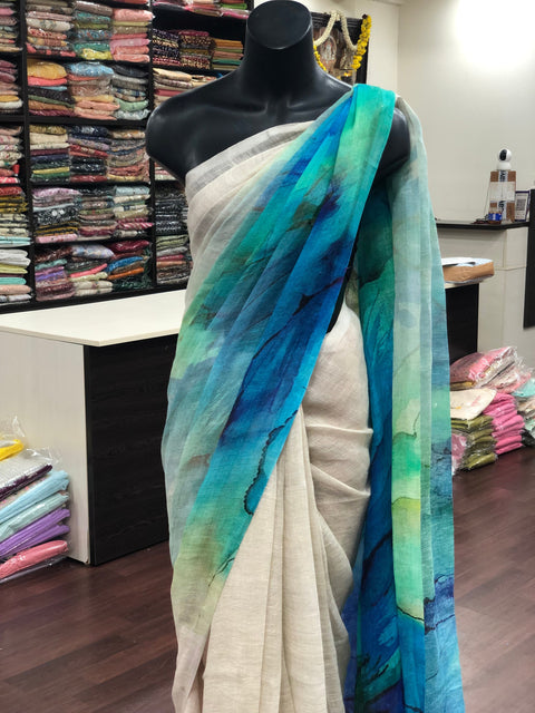 Digital Printed pure Linen saree