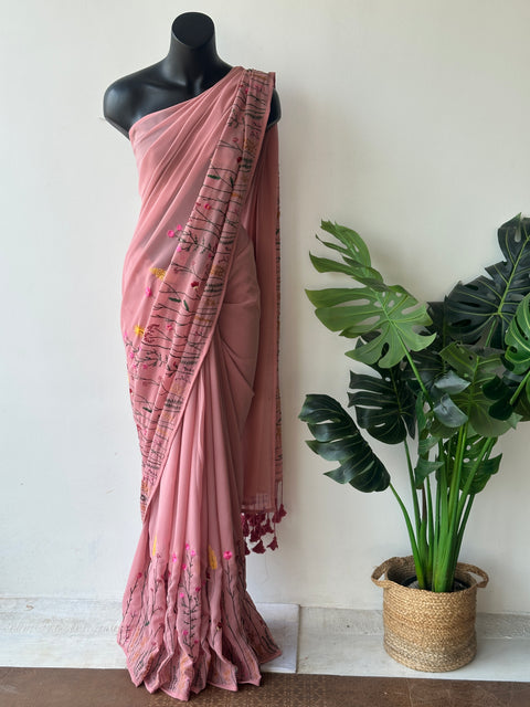 Salmon Pink garden emb georgette saree