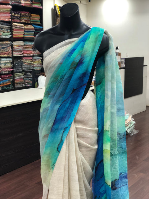 Digital Printed pure Linen saree