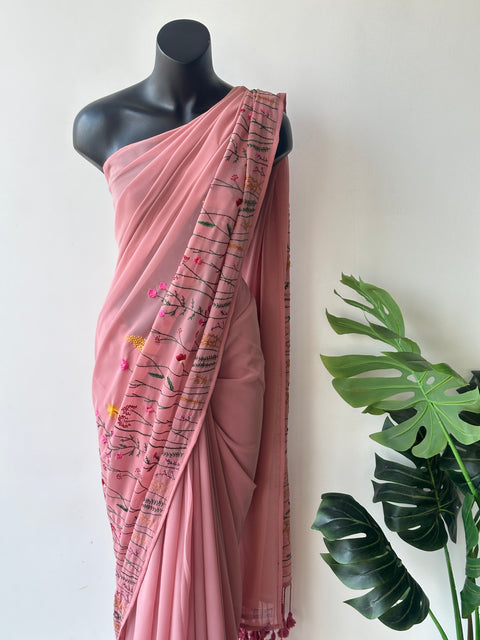 Salmon Pink garden emb georgette saree