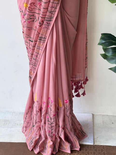 Salmon Pink garden emb georgette saree