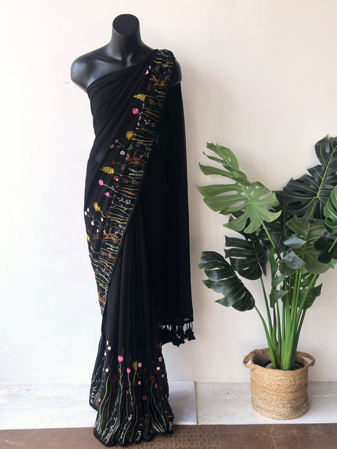 Beautiful black garden emb georgette saree