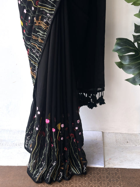 Beautiful black garden emb georgette saree