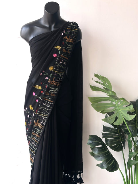 Beautiful black garden emb georgette saree