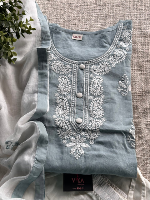 Emb neck cotton ready suit set - Aqua blue