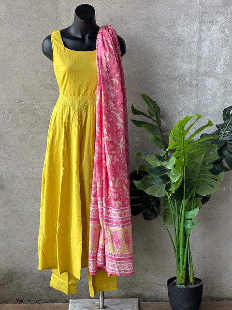 Lemon Yellow Viscose cotton Anarrkali set