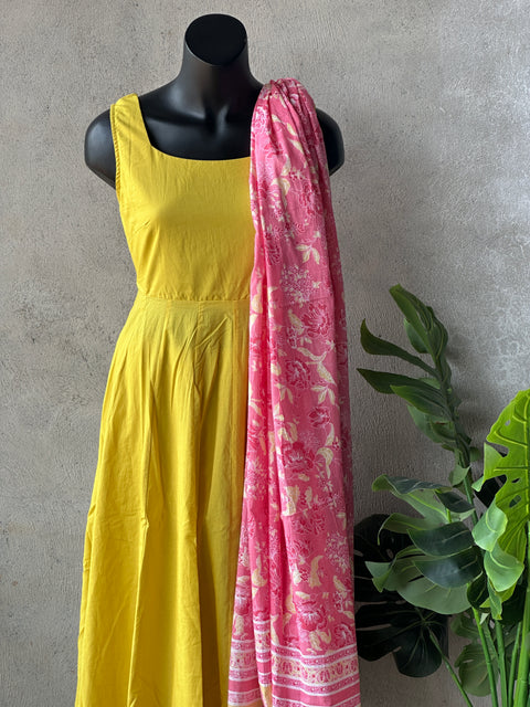 Lemon Yellow Viscose cotton Anarrkali set