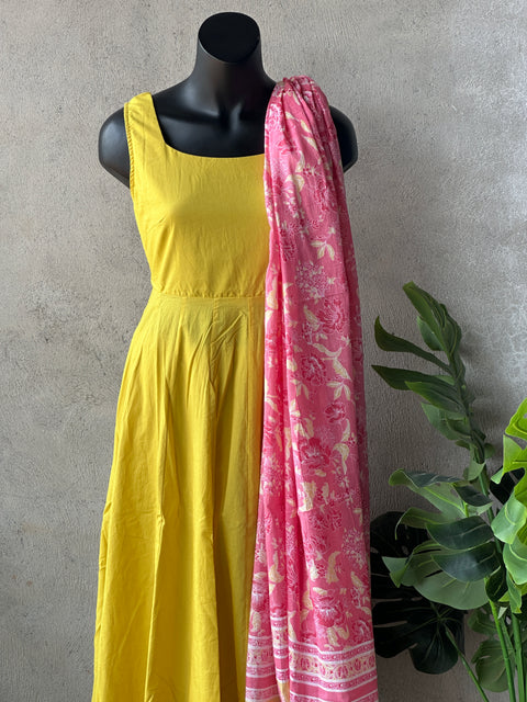 Lemon Yellow Viscose cotton Anarrkali set