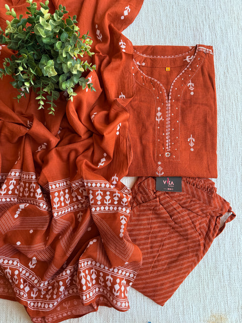 Burnt Orange pure cotton Ready suit set