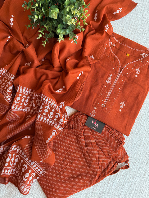 Burnt Orange pure cotton Ready suit set