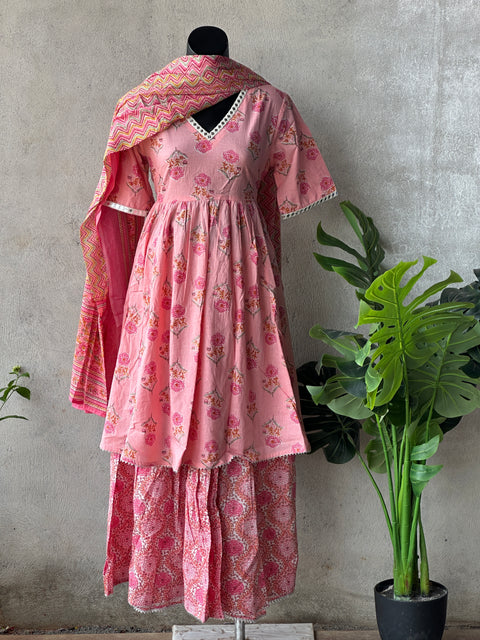 Pink printed cotton sharara set