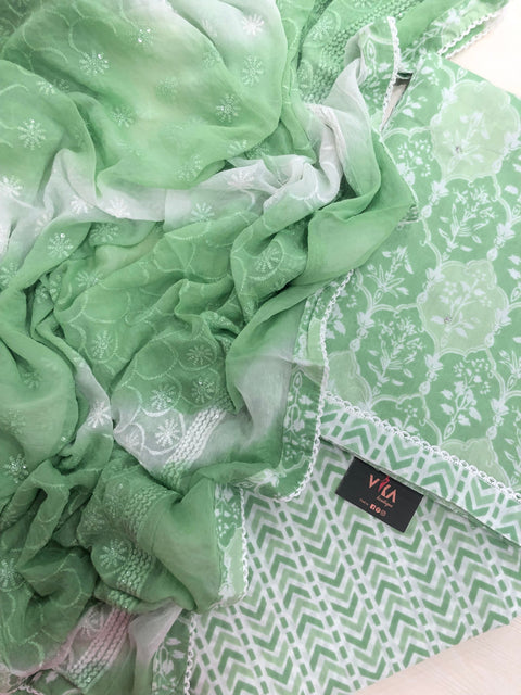 Printed cotton salwar material-Green