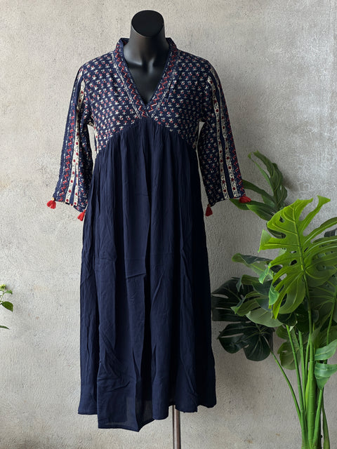 Navy Blue Printed cotton collar neck gown