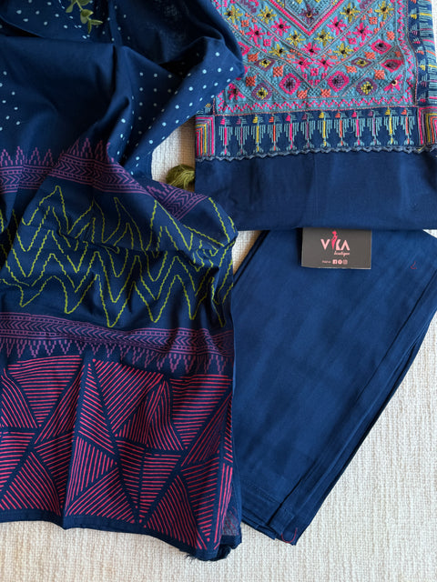 Blue emb cotton Ready suit set