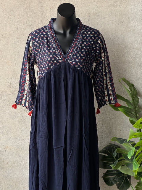 Navy Blue Printed cotton collar neck gown