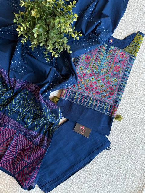 Blue emb cotton Ready suit set