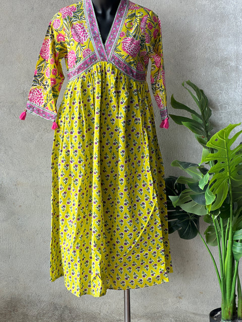 Yellow Printed cotton collar neck gown