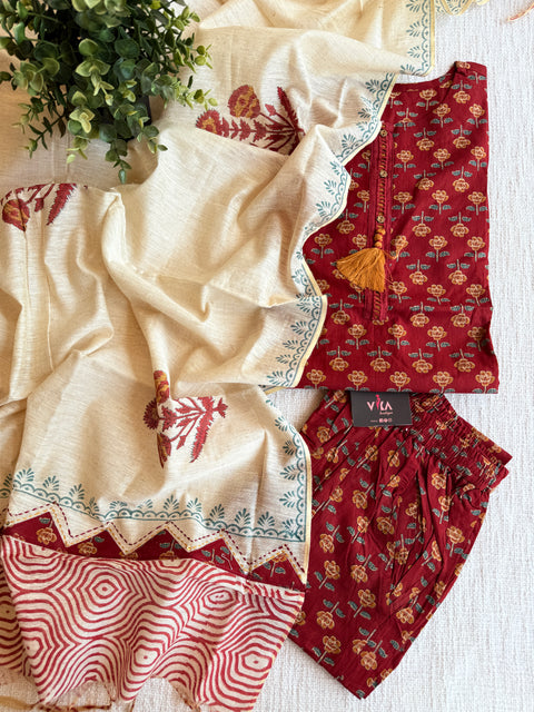 Maroon and cream cotton Ready suit set