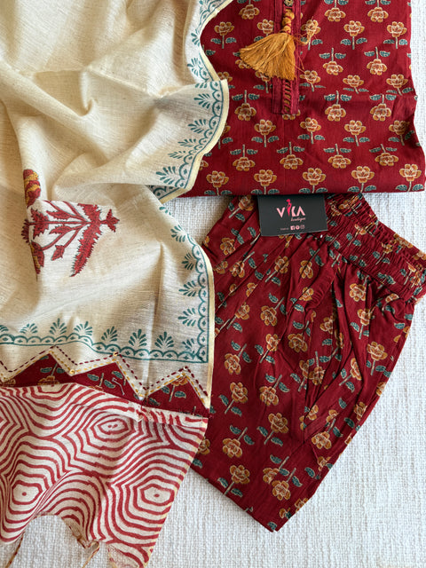 Maroon and cream cotton Ready suit set
