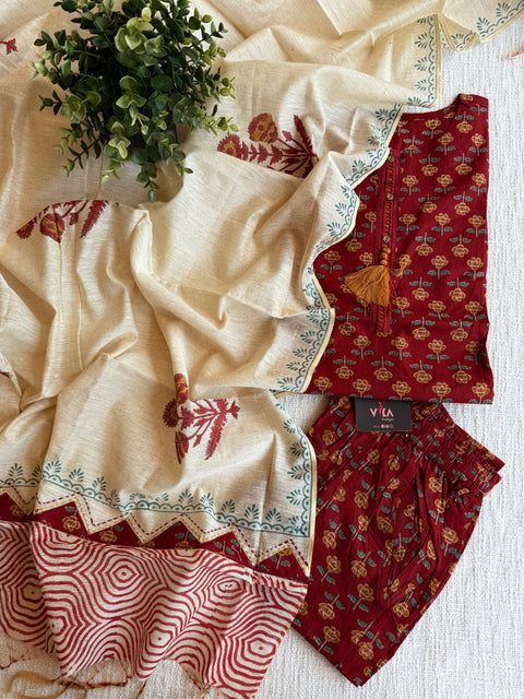 Maroon and cream cotton Ready suit set