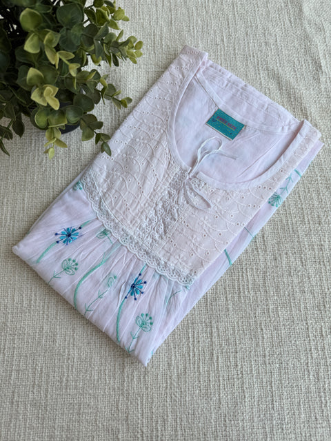 Yoke Pastel emb pure cotton nighty - Pink