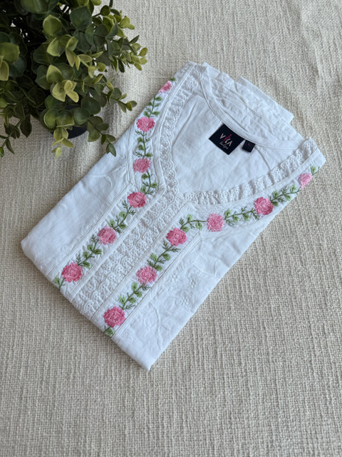 Floral emb pure cotton nighty - White