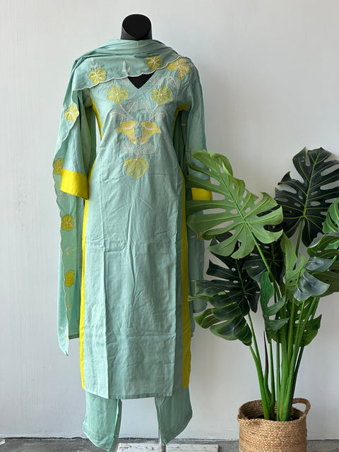 Green emb cotton kurta pant set