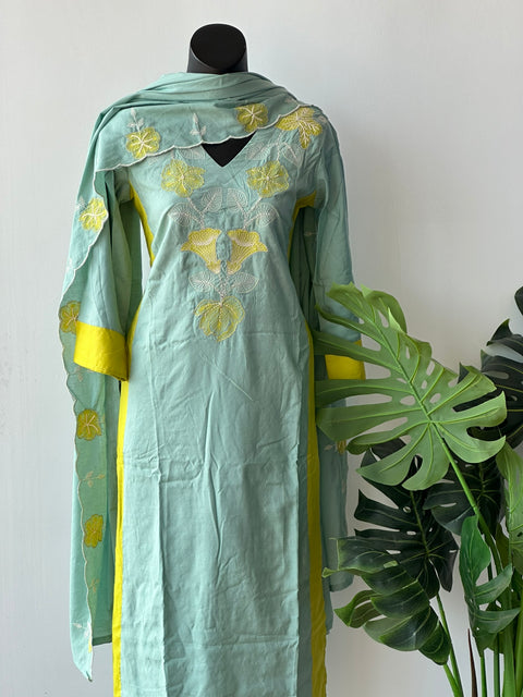 Green emb cotton kurta pant set