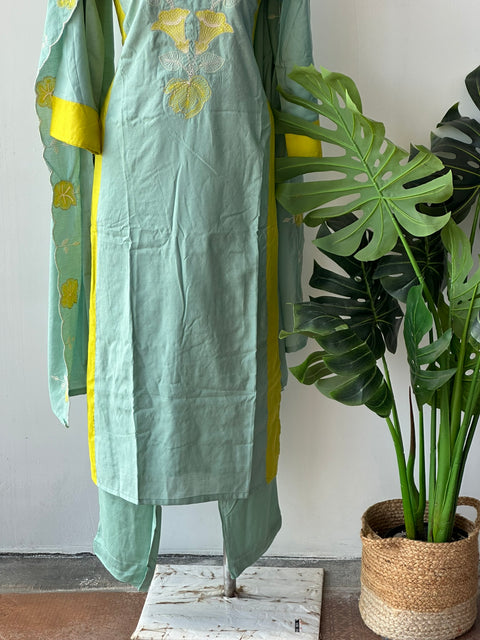 Green emb cotton kurta pant set