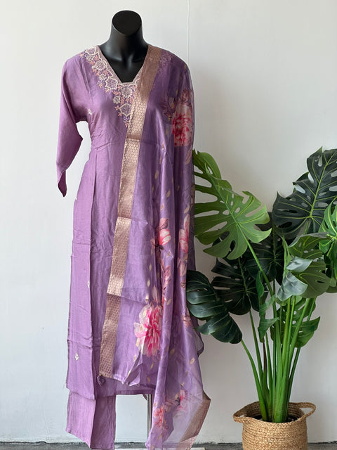 Lavender Neck emb Dola silk set