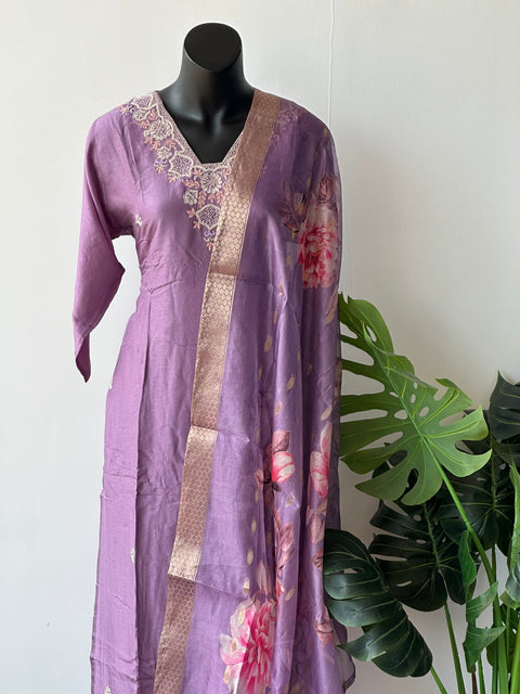 Lavender Neck emb Dola silk set