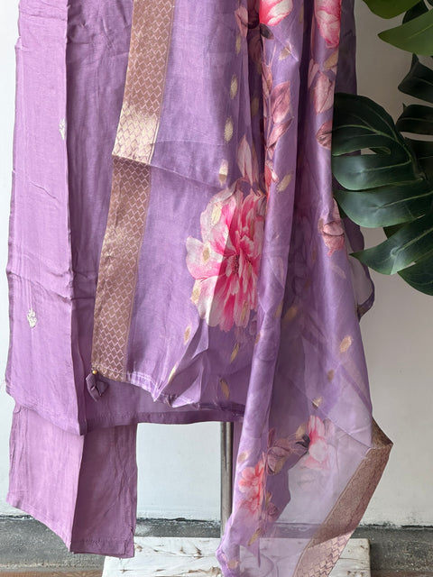 Lavender Neck emb Dola silk set