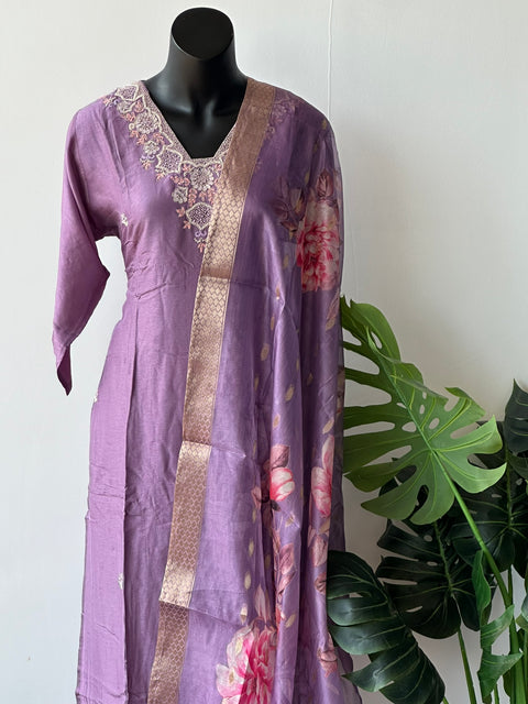 Lavender Neck emb Dola silk set