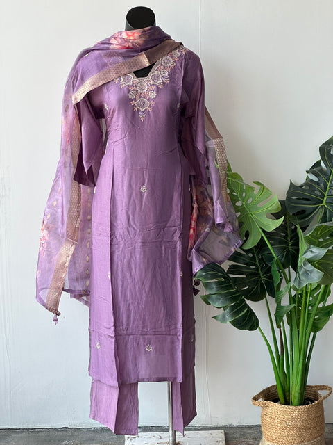 Lavender Neck emb Dola silk set