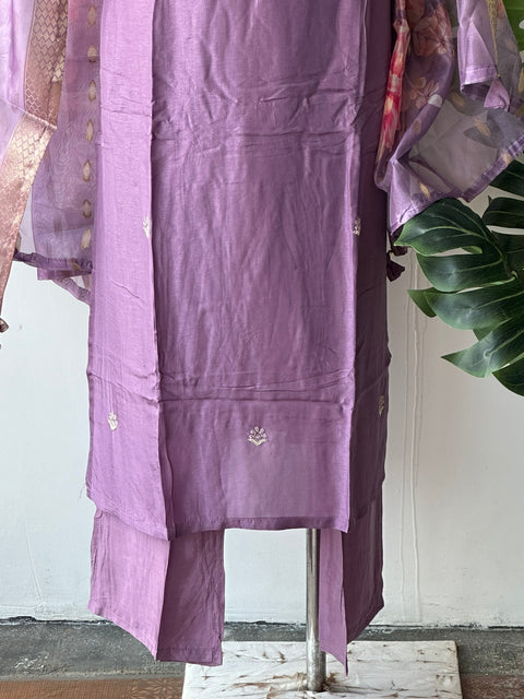 Lavender Neck emb Dola silk set