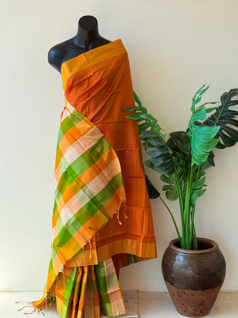 Multichecked Partly pallu raw silk saree