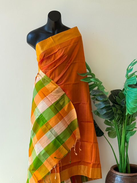 Multichecked Partly pallu raw silk saree