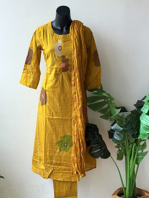 Embroidery pure cotton suit set - Musturd