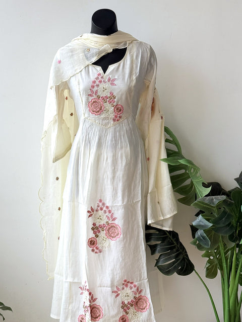 Neck emb modal chanderi silk suit set