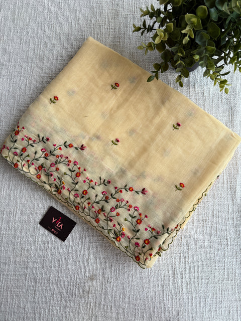 Bhoti machine emb linen cotton saree-Yellow