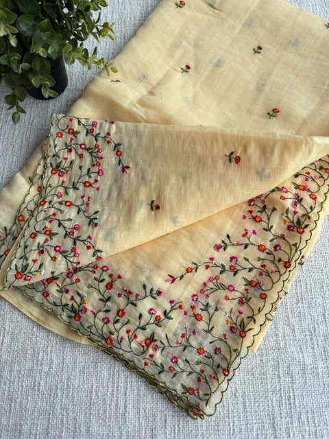 Bhoti machine emb linen cotton saree-Yellow