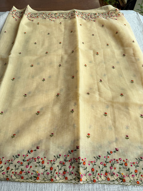 Bhoti machine emb linen cotton saree-Yellow