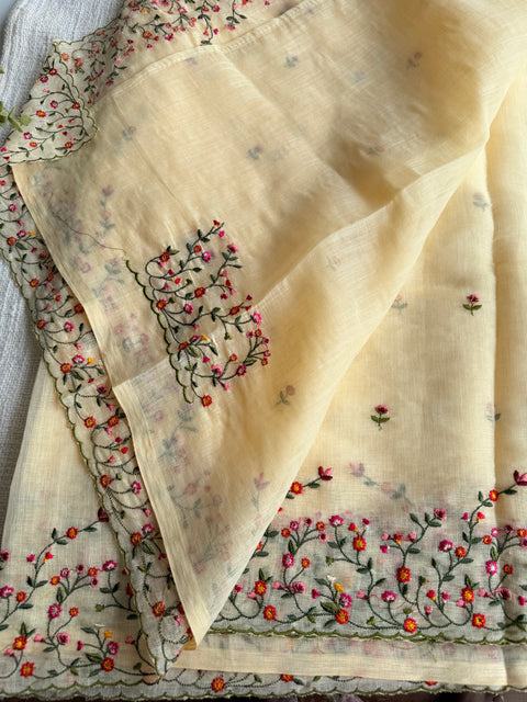 Bhoti machine emb linen cotton saree-Yellow