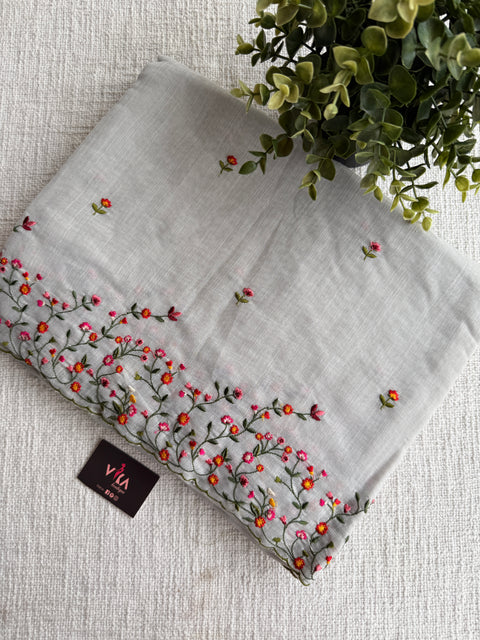 Bhoti machine emb linen cotton saree-Grey