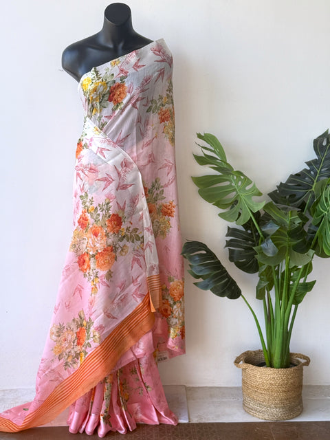 Floral printed shaded linen cotton saree