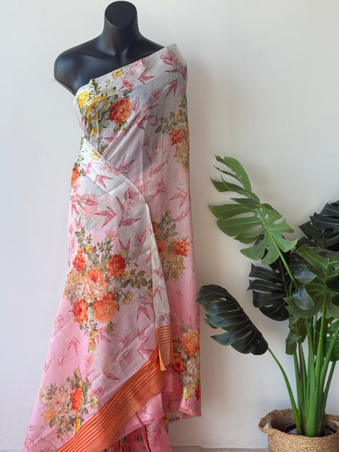 Floral printed shaded linen cotton saree