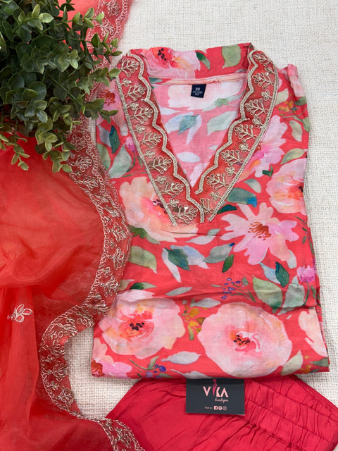 V neck printed muslin ready suit set