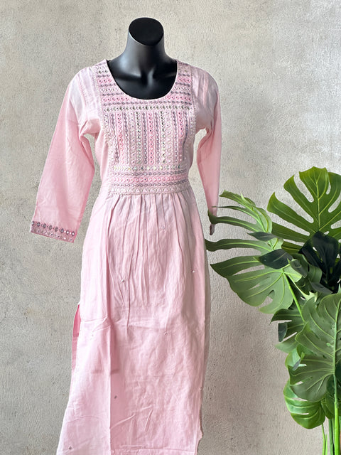 Baby Pink neck work cotton kurti pant